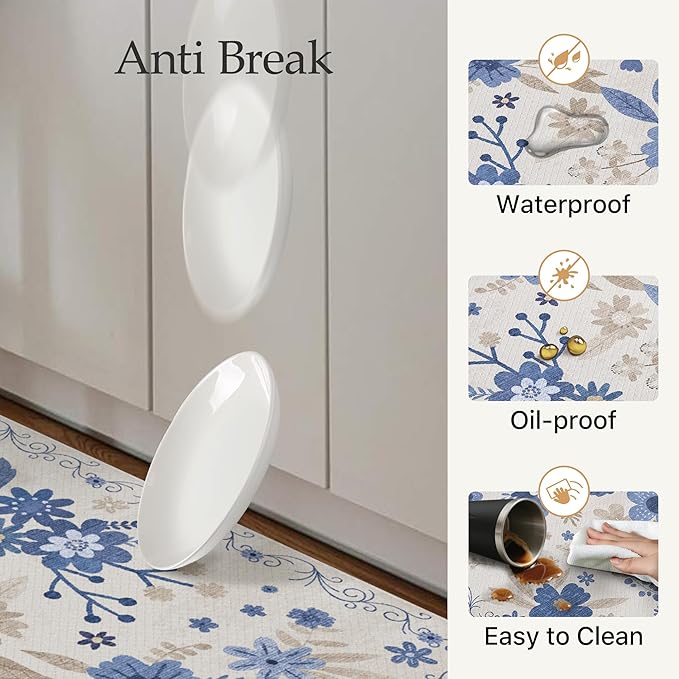 GENIMO Kitchen Mats for Floor 2PCS, Cushioned Kitchen Rugs Non Slip Washable, Farmhouse Anti Fatigue Mat Waterproof, Comfort Standing Mat Rug for Office, Home, Laundry, 17.3"x47"+17.3"x30", Beige&Blue