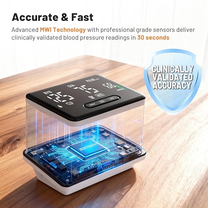 Smart Bluetooth Blood Pressure Monitor by ZOETOUCH - Clinically Accurate - Digital Wireless BP Machine Cuff Upper Arm for Home Use Large LED Display, App Connectivity, 2 Users, Fits Arms 8.7-16.5"