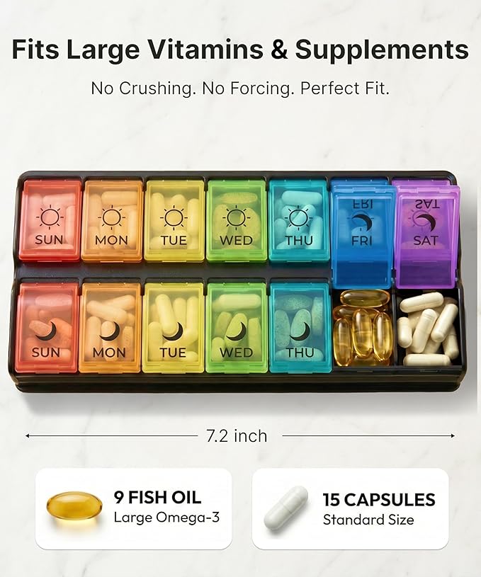 Weekly Pill Organizer 2 Times a Day, AM PM Pillbox 7 Day with Quick-Fill Bottom for Fast Weekly Refills, 14 Large Compartments for Vitamins & Supplements, Color-Coded Morning Night Medicine Case