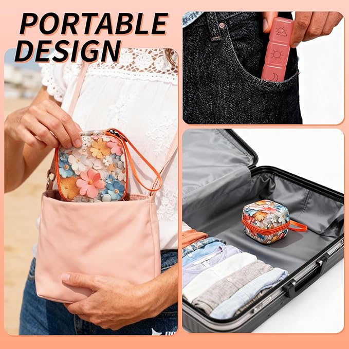 Weekly Pill Organizer, 7-Day Medicine Box with Hard Shell Case, 3 Times Daily Dosage Schedule, Plastic Rectangular Design, Includes Pill Cutter and Weekly Stickers(Flowers)