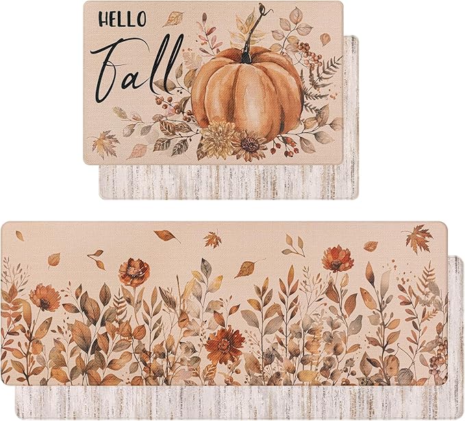 U'Artlines Fall Kitchen Rugs Sets of 2, Kitchen Mats Cushioned Anti Fatigue Printed on Both Sides, Autumn Pumpkin Flowers Comfort Desk Standing Rugs for Halloween Home Fall Decoration 17"x28"+17"x47"