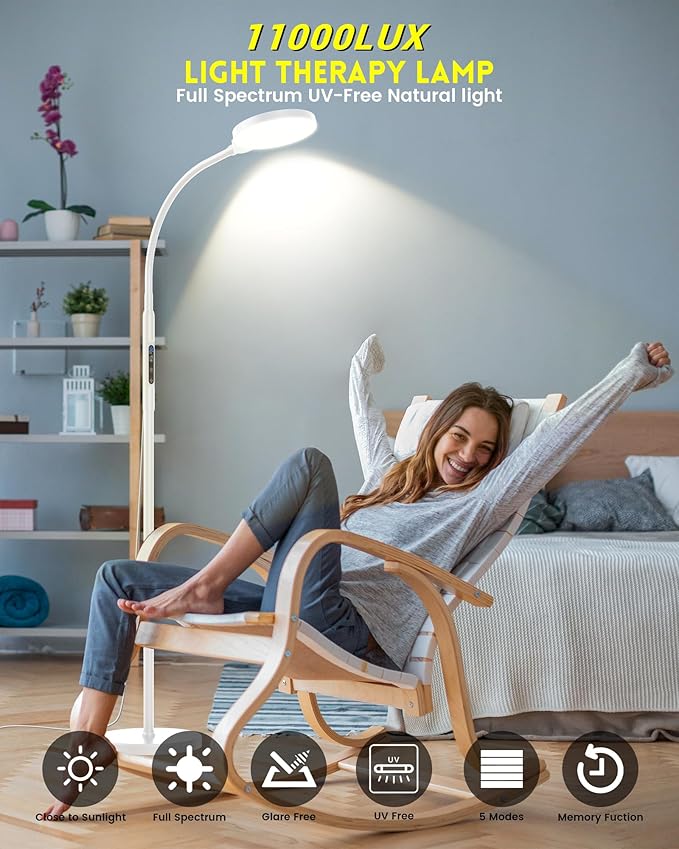Light Therapy Lamp 11000 Lux, Full Spectrum LED UV-Free Sunlight Lamp with 10 Adjustable Brightness & 5 Color Temperatures, 3 in 1 Retractable Timer Control Therapy Floor Lamp, White