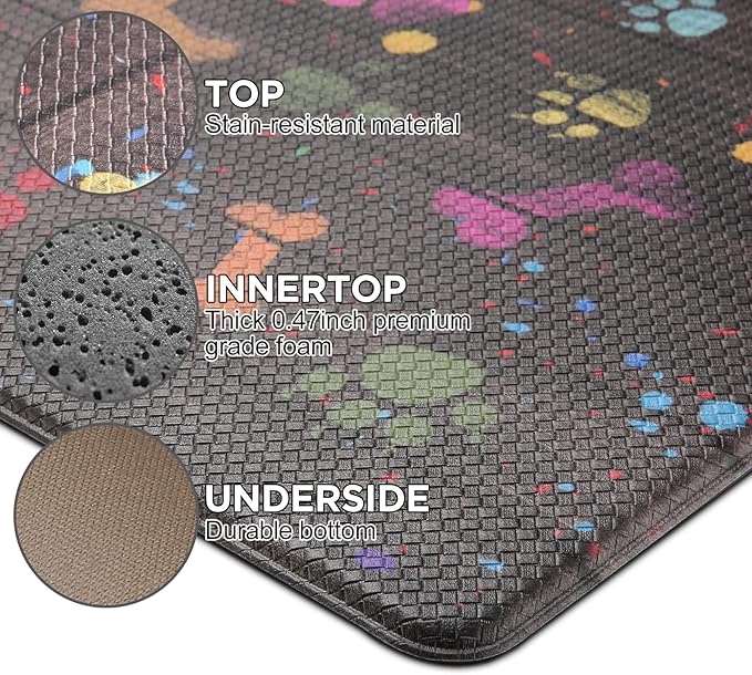 Farmhouse Kitchen Mats Cushioned Anti Fatigue Mats for Kitchen Floor Waterproof Kitchen Mats and Rugs Ergonomic Comfort Standing Mat for Kitchen, Laundry Room, Colorful Dog Paw and Bone(Chocolate)