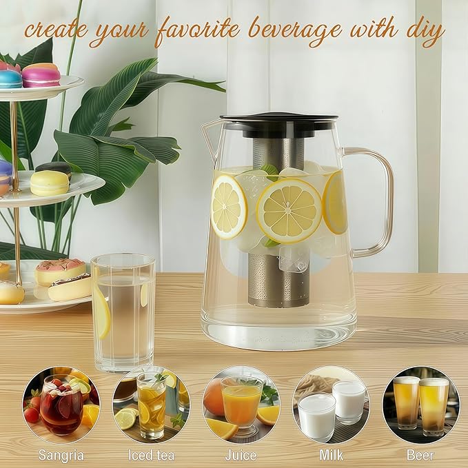 Glass Pitcher with Lid,3 Liter 101oz Glass Water Pitcher,Cold/Hot water jug, Iced Tea Pitcher, Large Jug for Coffee, Juice and Homemade Beverage