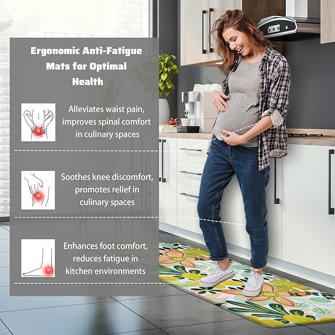 Boho Floral Kitchen Mats Rugs Sets of 2 Cushioned Anti Fatigue Floor Mat Foam Comfort Kitchen Rugs Farmhouse Style Non Slip Waterproof Mid Century Botanical Standing Mat for Sink Laundry