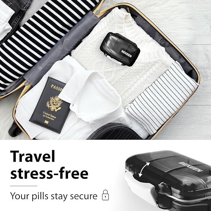 Travel Pill Organizer - Moisture Proof Portable Vitamin Holder with 7 Compartments, Compact Supplement Case for Purse Essential Medicine Kit fot Traveling Pocket Pharmacy with Labels, Black