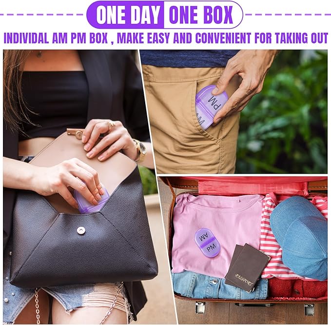 6 Pack Pill Organizer Pocket Small Case Holder Am Pm Pill Case Portable Two Compartment Round Travel 2 Times a Day for Vitamin Medication Supplement(Purple)