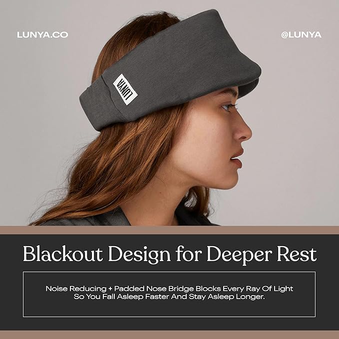Lunya Washable Silk Sleeping Mask - Thermoregulating Mulberry Silk, Light Blocking and Comfortable Fit – Sleep Mask for Women and Men with Box - Meditative Grey - Small