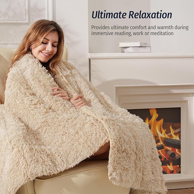 Wemore Shaggy Long Fur Faux Fur Weighted Blanket, Cozy and Plush Sherpa Long Hair Blanket for Adult 15lbs, Fluffy Fuzzy Sherpa Reverse Heavy Blanket for Bed, Couch, Khaki, 60 x 80 Inches