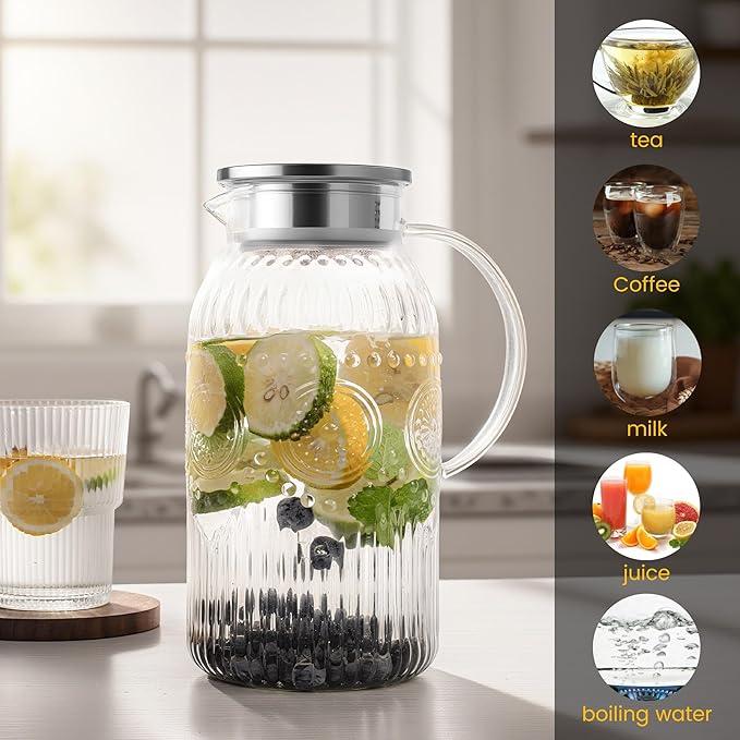 Bandesun Glass Pitcher with Lid, 68 oz/ 2 Liter 2Pack Vintage Water Pitcher,Glass Water Carafe for Cold Brew, Coffee, Lemonade, Iced Tea,Beverage, Heat Resistant Jug