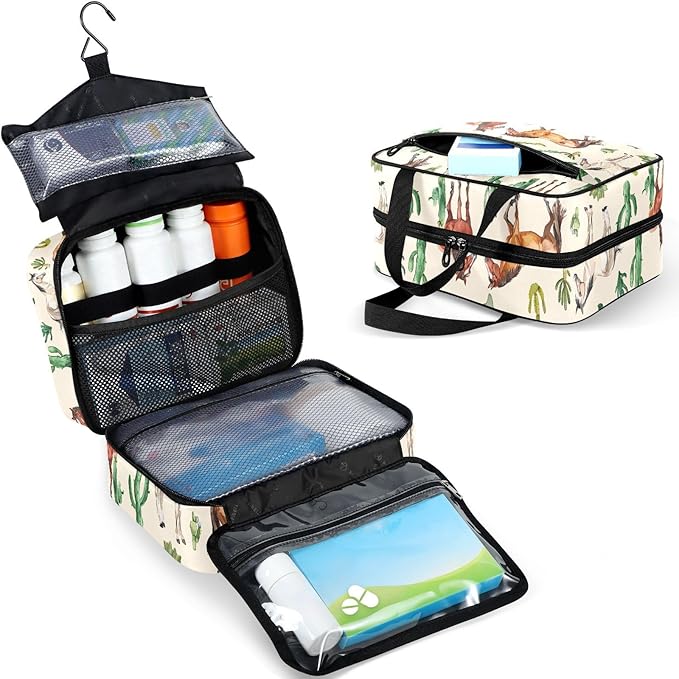 Fustylead Watercolor Hand Draw Horses and Cactus Pill Organizer Bag Large Medicine Travel Carrying Case with Zipper for Vitamin Supplements Fish Oil, Empty First Aid Kit for Hiking Camping