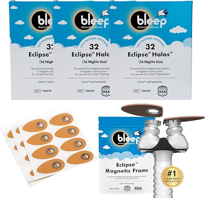 Bleep Eclipse Magnetic Frame & 96 Halos - Maskless C PAP Nose Mask for Sleep Apnea CPAP Machine - MagSeal Ports for Eclipse Frame, BPA, Corn & Headgear-Free - CPAP Accessories Supplies - 48-Day Supply