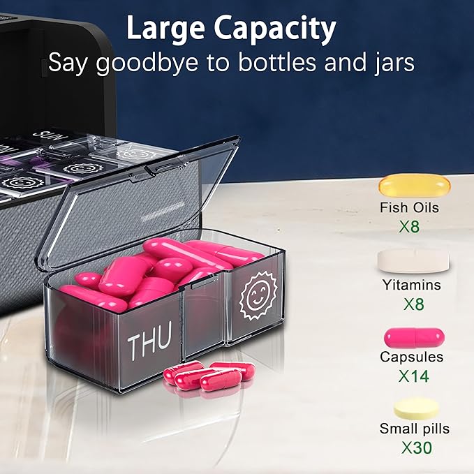 Pill Organizer 7 Day，Daily Am Pm Pills Box，Weekly Travel Medicine Container Case，Portable Leather Vitamins Private Planner Holder，Cute and Compact Supplements Sorter Holder (Silver Gray)