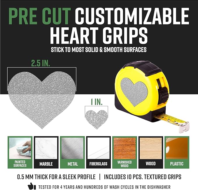 Dragon Grips Heart Stickers - 10 Pcs Clear Heart-Shaped Rubberized Grip Stickers - Waterproof, Multi-Purpose, Non-Slip, Textured Cell Phone Grip Tape for Laptop, Mouse, Tablet, iPad, iPhone Case