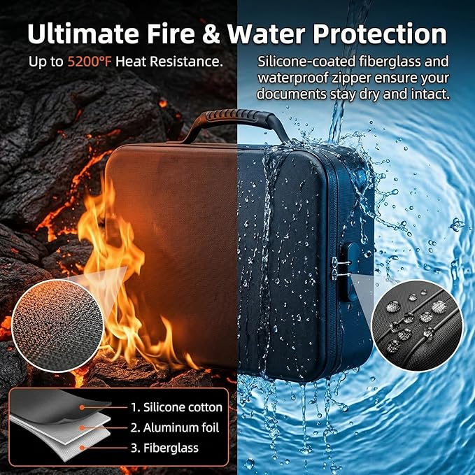 Fireproof Document Box (Soft-Shell) with Lock, 5200°F Fireproof & Water-Resistant File Organizer for Important Documents, Certificates, Passport & 14" Laptop, Home Office Travel