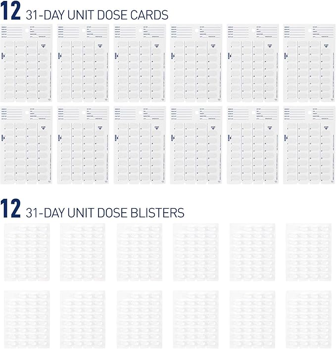 Ezy Dose Disposable (31-Day) Pill, Medicine, Vitamin Organizer Box | Monthly Planner Refill Pack | Kit includes 12 Cards and Blisters