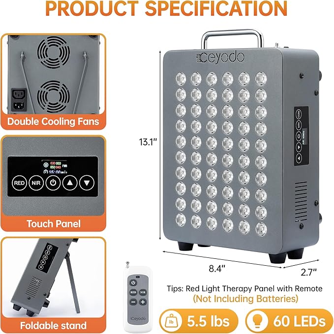 Red Light Therapy for Body, 4 Chip LED Light Therapy Panel with Near-Infrared Light 630nm 660nm 850nm 940nm, 138W High Power 60 LED Red Infrared Light Device, Includes Hanging Kit & Handle,Grey