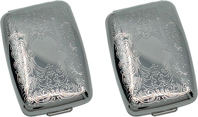 Set of 2 Etched Rectangular Pocket Purse Pill Box & Organizer with Dual Compartments (Victorian - Pewter)