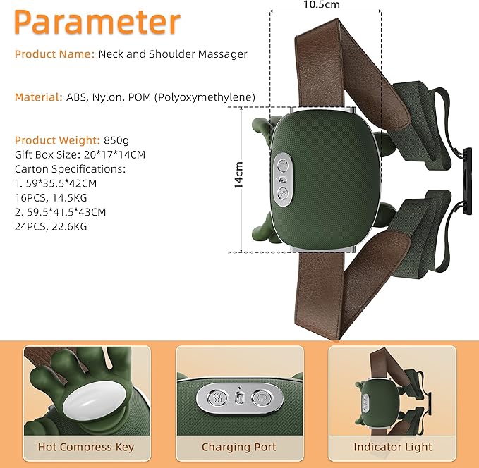 Imitated Heated Massager, Portable Shiatsu Neck and Back Massager, Electric Deep Tissue 4D Kneading Massage, Simulated Human Hand Design for Pain Relief and Muscle Relax, Rechargeable