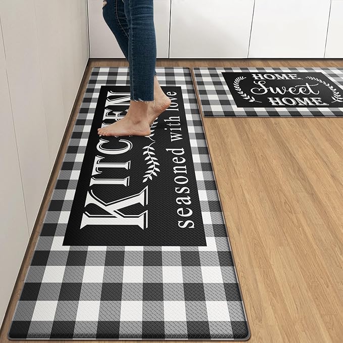 Arttown Black White Anti-Fatigue Kitchen Rug Set of 2 Buffalo Plaid Cushioned Floor Standing Mat Waterproof Non-Slip Mat and PVC Ergonomic Comfort Foam Rug