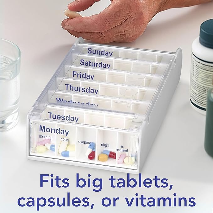Weekly Pill Organiser – 7 Day Box with 5 Daily Compartments – Detachable, Portable Tablet Pots for Medication, Vitamins and Supplements with Sliding Lids
