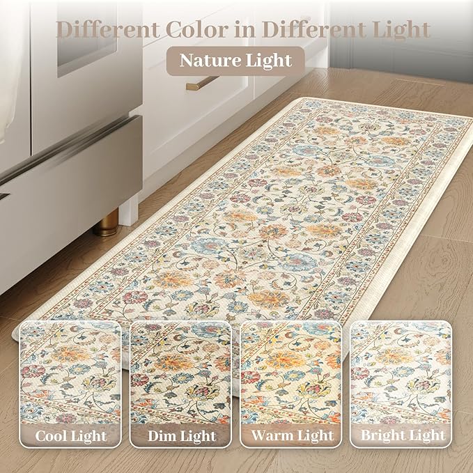 KIMODE Anti Fatigue Kitchen Mats for Floor, Boho Vintage Kitchen Rugs Sets of 2, Cream Colored Cushioned Kitchen Floor Mats, Comfort Standing Mat for Sink Laundry Office Desk 17"x47"+17"x29"