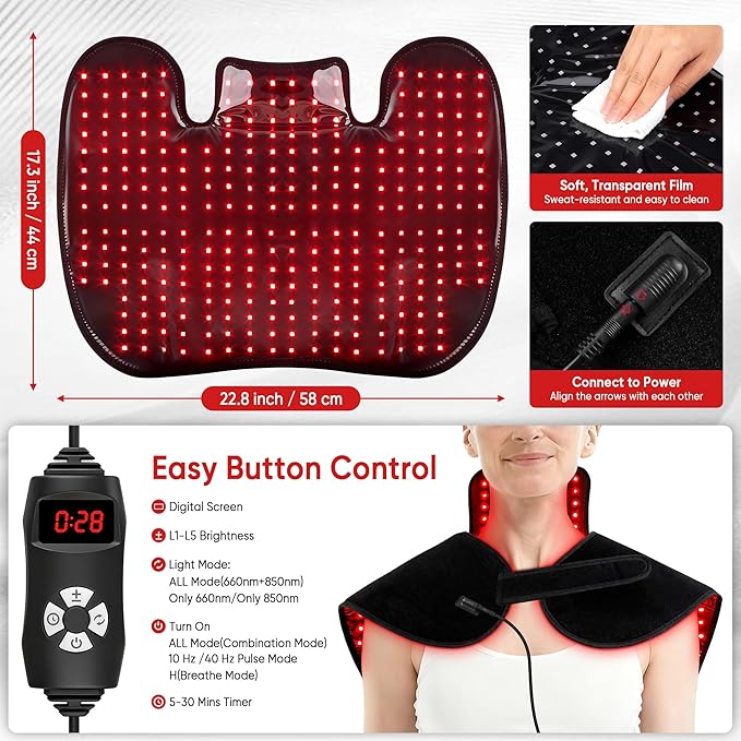 Red Light Therapy for Neck and Shoulders,288 Infrared Light Therapy for Neck Shoulder Pain Relief,660nm & 850nm Red Light Therapy Pad,Shoulder Wrap with Timer Remote Control for Home and Office Use