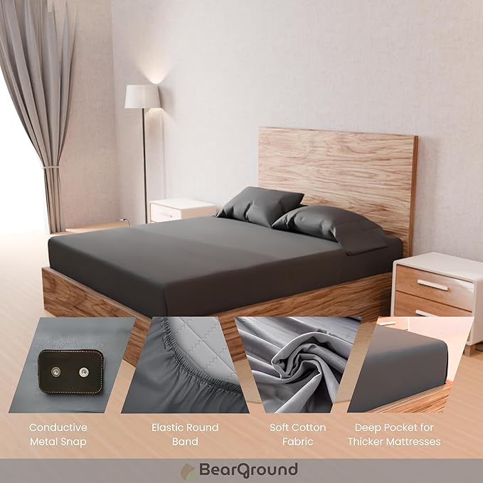 BearGround Grounding Sheets Queen, Deep Pocket 5% Silver Fiber and 95% Organic Cotton, Fitted Earth Grounded Bed Sheets for Improved Sleep (Deep Grey, Queen - 60"x80"x13")
