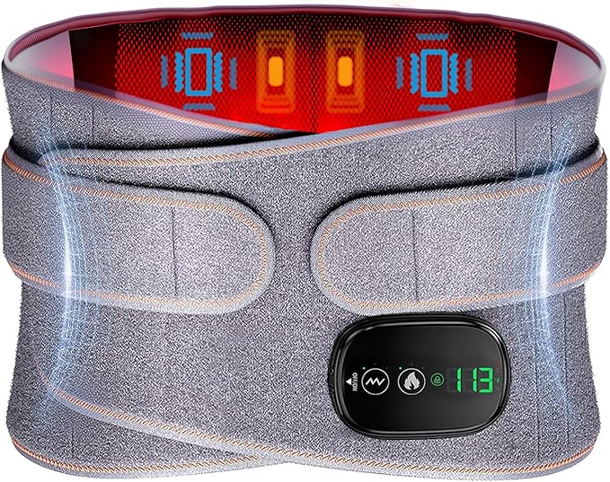 Electric Heating Pad with Massage, 3-Level Heating & Vibration for Lumbar Massager, 5000mAh Rechargeable, LED Controller, Portable Heating Pad for Lower Back Pain Relief, Gray