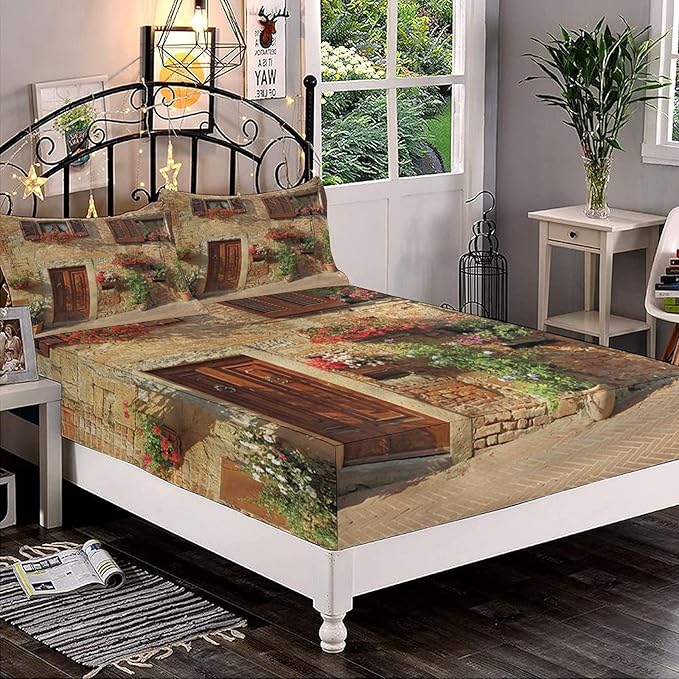 Decorative Fitted Sheet Set King Size, Tuscan Deep Pockets Fitted Sheet & 2 Pillow Sham Set(No Flat Sheet), Mediterranean Architecture Printed Microfiber Bedding 3pc Set, for Mattress (Deep: 5"-15")