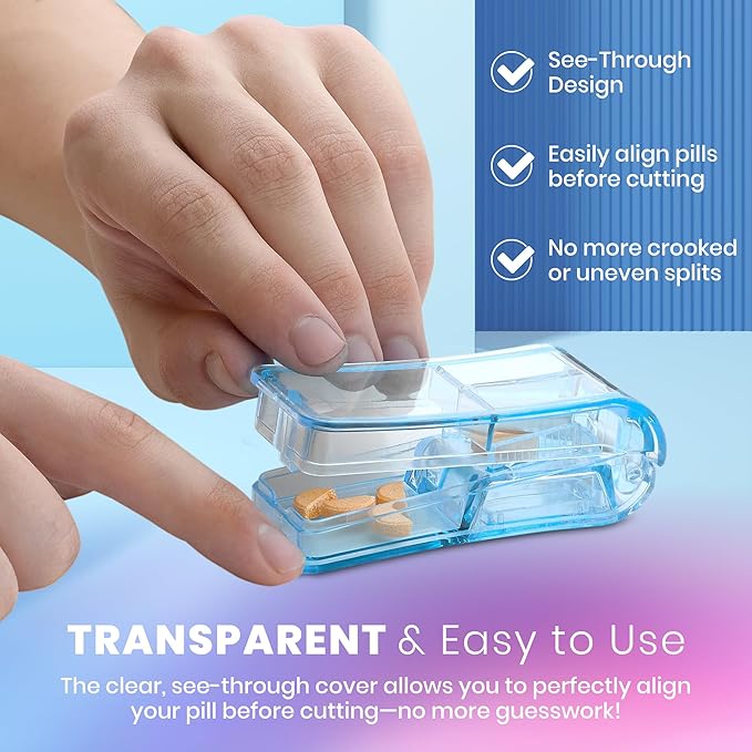 Pill Splitters - (Pack of 2) Pill Cutters with V- Grip for Small and Medication - Easily Cut Pills, Splitter | Cutter and Crusher with Pill Holder Case to Spli