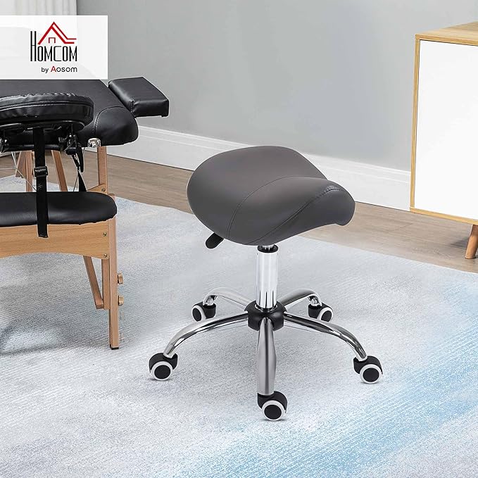 HOMCOM Ergonomic Rolling Saddle Stool PU Leather Hydraulic Spa Stool Height Adjustable Swivel Drafting Medical Salon Chair, Grey