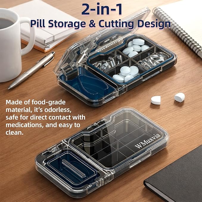 Portable Pill Cutter with Pill Organizer, 4-Compartment BPA-Free Moisture-Proof Pill Box, V-Slot Design for All Pills, Thickened Steel Blade & Safety Guard (Gray)