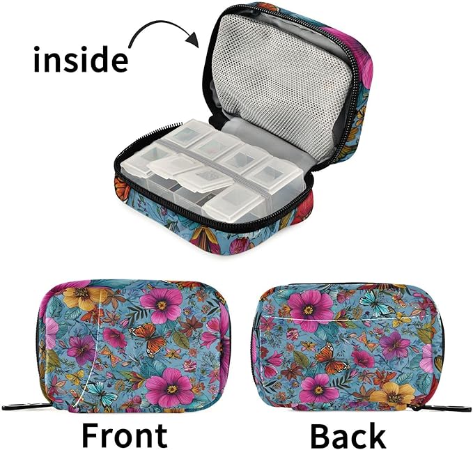 Blue Tropical Flowers and Butterflies Travel Pill Organizer Case Box Container Weekly Portable Vitamin Medicine Holder Storage Bag with Zipper Removable