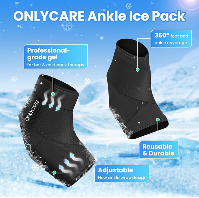 ONLYCARE Ankle Ice Pack Wrap for Swelling, Upgraded Gel Ice Pack Reusable, Hot Cold Therapy, Cold Pack for Sprained Ankle Injuries, Achilles Tendonitis, Plantar Fasciitis