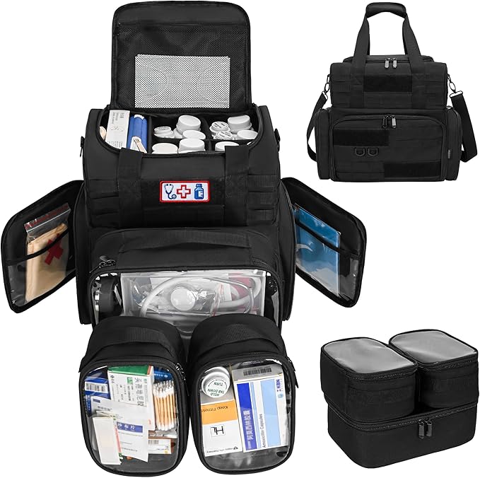 Tactical Pill Bottle Organizer Storage with 3 Inner Clear Pouches, Large Medicine Storage Bag, Pill Organizer Bags with Cross Body Straps for Home, Dorm, Travel, Outdoor, Black
