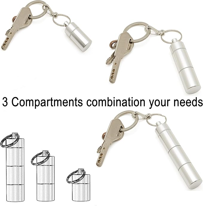 Dreambay 2 Pack Small and Large Keychain Portable Daily Pill Case, 3 Compartments Aluminum Alloy Waterproof Mini Box Bottle Holder Container Organizer for Travel Outdoor Camping Medication