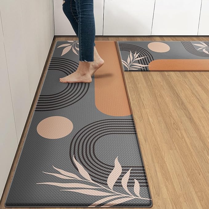 Kitchen Mats for Floor 2 PCS, Anti Fatigue Mat Set, Boho Cushioned Non Slip Waterproof Kitchen Rugs, Wipe Clean PVC Leather Runner for Sink, Laundry, Office, 17"x47"+17"x29", Brown