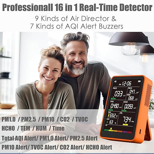 Professional Indoor Air Quality Monitor with AQI Alerts, Portable Real-Time Detector for Home, Car, Plants & Pet