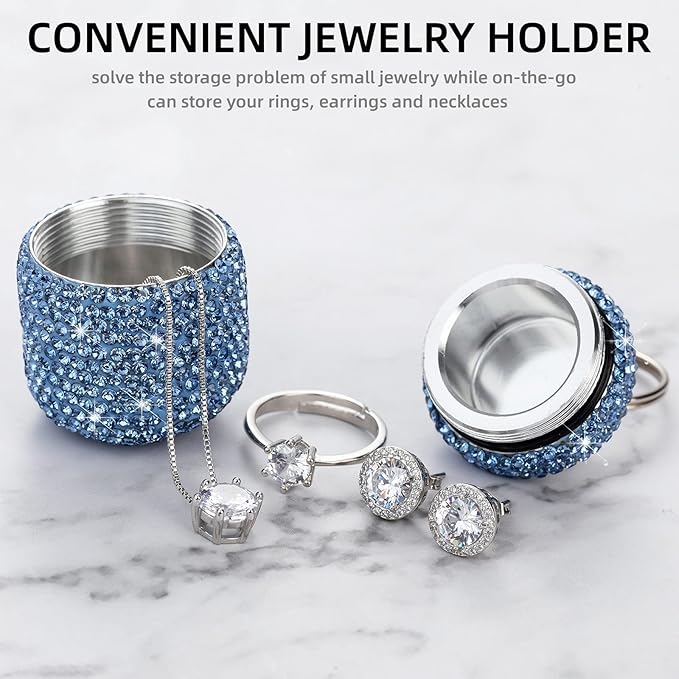 Bling Rhinestone Pill Bottle Organizer Daily Travel Pill Case Container Ring Holder Small Medicine Holder Box for Vitamin Supplement Gum with Keychain(Light Blue)
