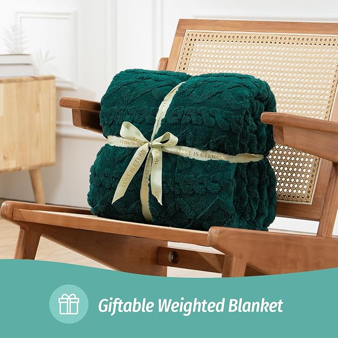 Wemore Weighted Blanket for Adults Twin Size 15 lbs, Dual Sided Soft Fuzzy Jacquard Sherpa Weighted Blankets for Sleeping, Cozy Fluffy Knitted Heavy Blanket for Couch Bed, Green, 60 x 80 inches