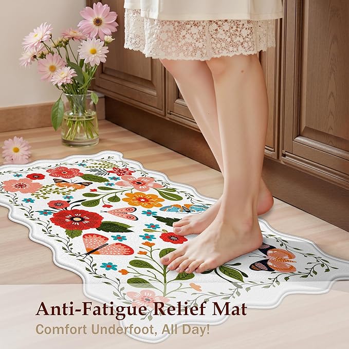 Scalloped Kitchen Mats for Floor Cushioned Anti Fatigue Kitchen Mats Rugs Waterproof Non Slip Farmhouse Boho Floral Comfort Foam Standing Mat for Sink Laundry, White, 17.3x47