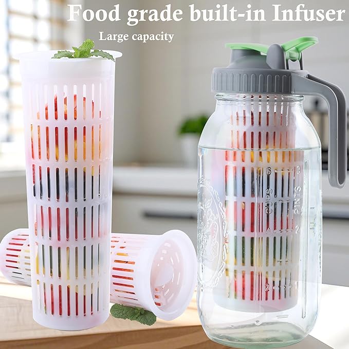 GMCOZY 2 Quart Glass Mason Jar Water Pitcher With Fruit Infuser 64 Oz Wide Mouth Infused Cold Hot Water Jug Carafe With Lid Half Gallon For Coffee Sun Tea Lemonade Juice Homemade Drinks Container