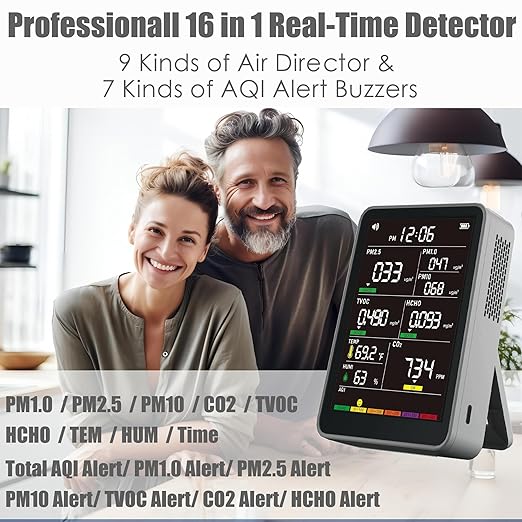 Professional Indoor Air Quality Monitor with AQI Alerts, Portable Real-Time Detector for Home, Car, Plants & Pets