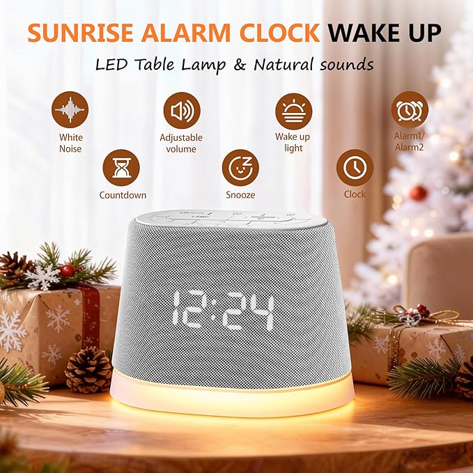 Sunrise Alarm Clock Sound Machine for Sleep, 10 Soothing Sounds Sleep Aid White Noise Machine for Heavy Sleepers, Timer, Easy Snooze, Wake Up Light for Bedrooms, Adults, Kids