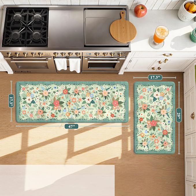 KIMODE Anti Fatigue Mats for Kitchen Floor 17"x47"+17"x29",Green Farmhouse Kitchen Rugs Sets of 2, Cushioned Kitchen Floor Mats Non Skid, Memory Foam Mats for Laundry Office Sink Desk