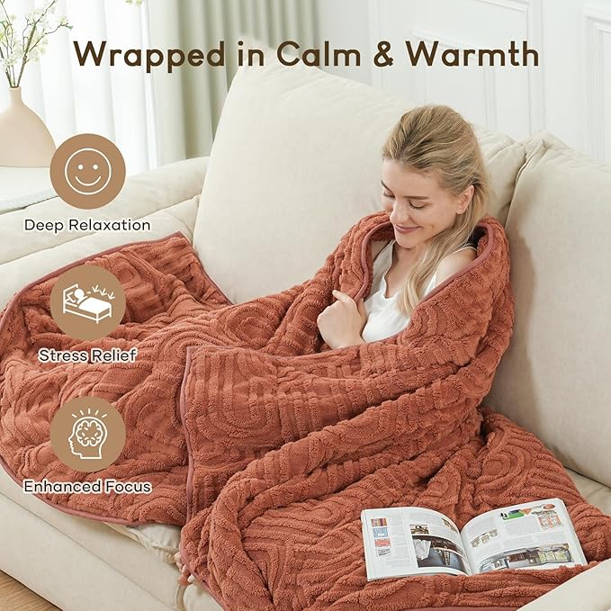 Cottonblue Jacquard Weighted Blanket for Adults 15 lbs Twin Size, Cozy Fluffy Sherpa Fleece Weighted Throw Blankets 48" x 72" for Sleep Relax, Fuzzy Warm Arch Heavy Blanket for Bed Couch, Rust Pink
