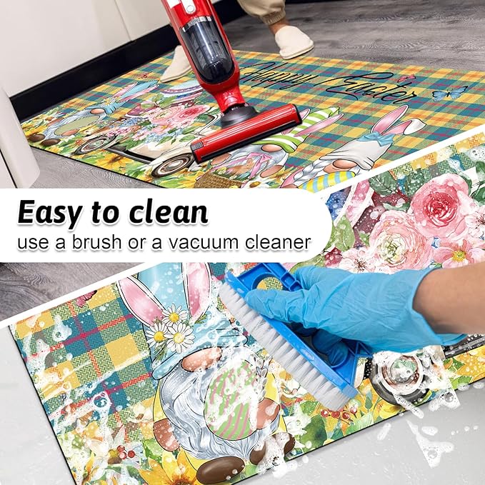 Easter Anti Fatigue Kitchen Mat Set of 2 Spring Non Slip Rubber Runner Rug Flower Gnomes Truck Floor Mat Quick Absorbent Comfort Cushioned for Standing Sink Entryway Laundry 16x24+16x41in