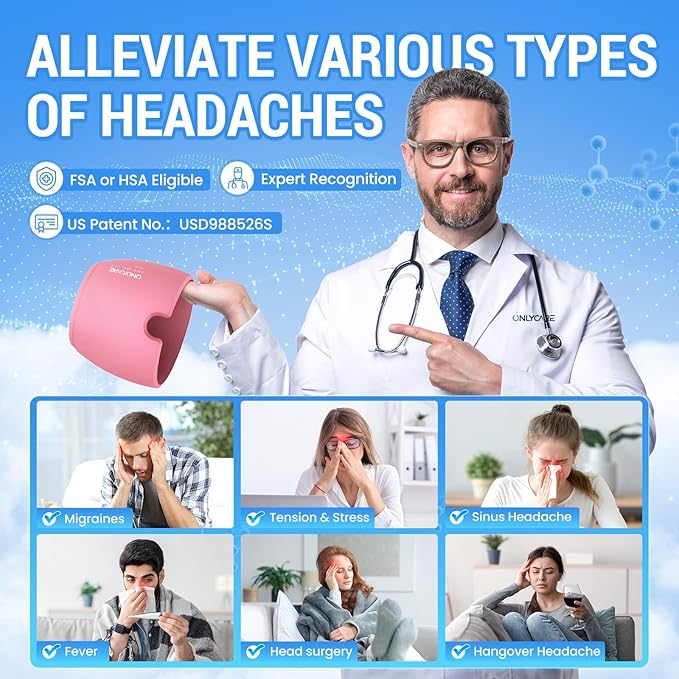 ONLYCARE Migraine Relief Cap, Upgraded Odorless Migraine Ice Head Wrap, Headache Relief Hat for Migraine, Slight-Pink