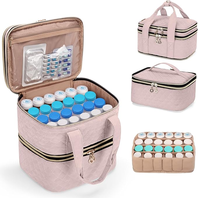 YARWO Pill Bottles Organizer Empty, Upgraded 3 Layers Medicine Storage Bag with Demountable Design and Dividers, Medication Travel Case for Pills, Vitamins, Masks, First Aid Supplies, Dusty Rose